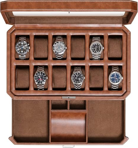 ROTHWELL 12 Slot Leather Watch Box with Valet Drawer - 12 Slot Luxury Watch Case Display Organizer, Microsuede Liner, Mens Accessories Holder, Jewelry Case, Jewelry Display Organizer (Tan/Brown)