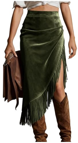 Fringe Suede Midi Skirts for Women High Waisted Slim Fit Skirt Asymmetrical Slit Skirts Casual Western Vintage Outfits Army Green