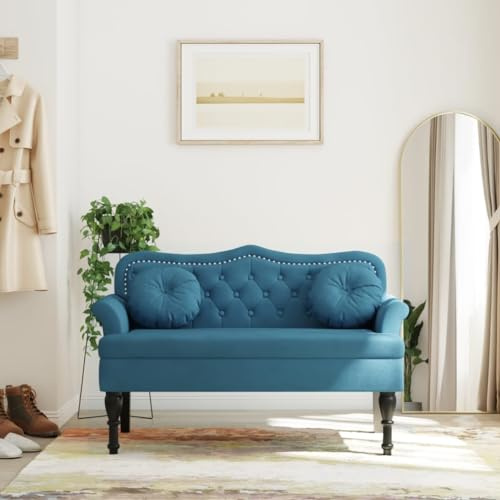 Massbinet Sitzbank mit Kissen Sofa 2 Sitzer Couch Kleine Loveseat mit Samt-Optik Modern Polstersofa für Wohnzimmer Schlafzimmer kleinen Raum Blau 120,5x65x75 cm Samt