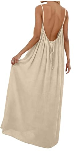 NerYuo - Vestido de verano para mujer, medio largo, con tirantes de espagueti, sin mangas, diseño de espalda sin mangas, color liso, largo lino, vestidos de verano sexy para vacaciones y ocio