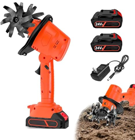 Motobineuse Batterie, Motoculteur Électrique 24V –Motobineuse Electrique Portable, 4 Lames, 10 cm Largeur/Profondeur, 235 TR/Min – Bineuse pour Potager et Jardin(A)
