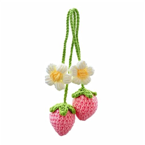 Crocheted Car Accessories, 2 Pcs Cute Handmade Crochet Strawberry Car Mirror Hanging Decor, Knitted Strawberry Pendant for Rearview Mirror, Bag, Home, Gift for Women Girls (Pink)