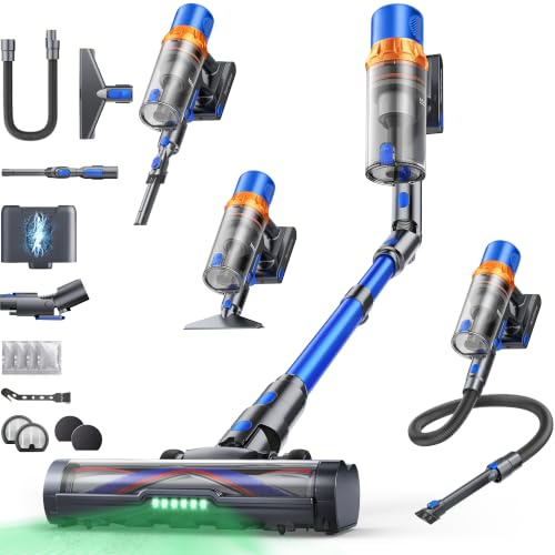 SunSare Aspirateur Balai sans Fil, 650W/55KPA/70Mins Aspirateur sans Fil Puissant avec Pliable Adaptateur, Tuyau 1M, Parfumé, Chargement Mural, Aspirateur Balai pour Poils d’Animaux/Sols/Tapis