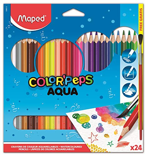 Maped Color'Peps - Crayons de Coloriage Aqua pour Aquarelle Mine Résistante - Set de 24 Crayons de Couleurs Aquarellables + 1 pinceau