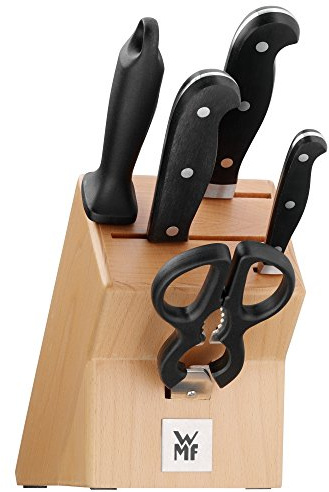 WMF Spitzenklasse Plus Messerblock mit Messerset 6teilig, Made in Germany, 3 Messer geschmiedet, Schere, Wetzstahl, Buchenholz-Block, Performance Cut