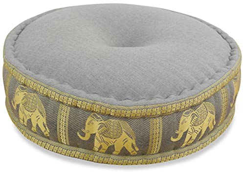 livasia Meditationskissen mit Thaiseide - Ø 45x15cm - Yogakissen mit Kapok, Pouf, Bodenkissen für Yoga und Zen Meditation, Sitzkissen für Garten und Balkon, Zafukissen (Grau/Elefanten Seide)