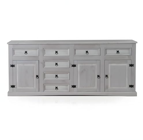 Dynamic24 Sideboard New Mexiko Kiefer massiv grau Mexico Schubladen Kommode Schrank