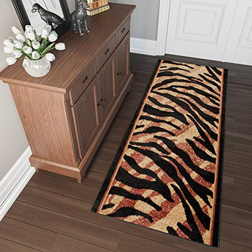 TAPISO Atlas Teppich Läufer Meterware Flur Kurzflor Küche Wohnzimmer Streifen Linien Tiermotiv Tiger Schwarz Braun Gold Meliert ÖKOTEX 120 x 1500 cm