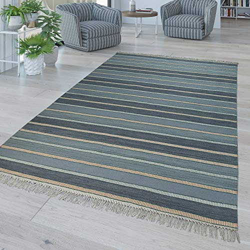 TT Home Handwebteppich Im Modernen Streifen Design Mit Fransen Hochwertige Türkis Blau, Größe:140x200 cm