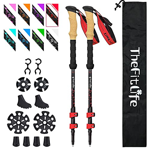 TheFitLife Carbon Fiber Trekking Poles – Collapsible and Telescopic Walking Sticks with Natural Cork Handle and Extended EVA Grips, Ultralight Nordic Hiking Poles for Backpacking Camping (Red)