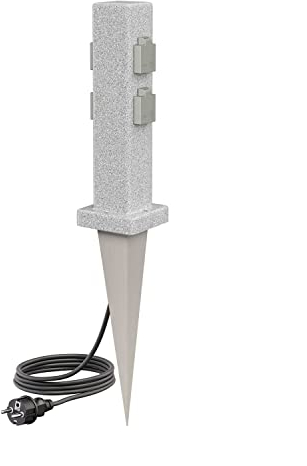 ledscom.de Columna de Enchufe de jardín Pock con Espiga de Tierra y 2m de Cable para el Exterior, cuádruple, Aspecto de Piedra, Angular, 39,5cm