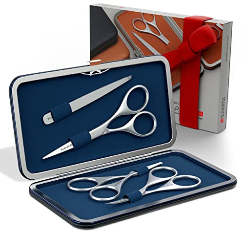 Suvorna Premium Beard & Mustache Set with Beard Scissors for Men - Facial Hair/Nose/Eyebrow Scissors - Slant Tweezers (4 Pcs Dark Blue)