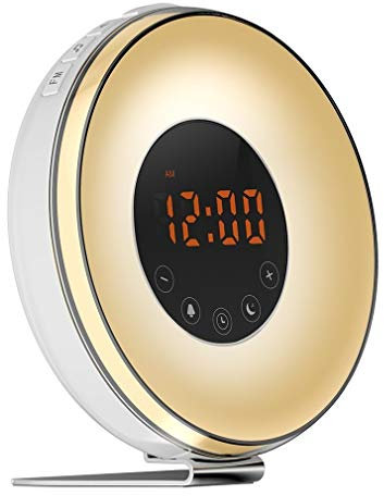 Ambiente musical luz Multifuncional Wake-Up Light Simulación de la salida del sol despertador colorido se iluminan con el despertador de radio reloj despertador X1968 Amanecer alarma despertador luz