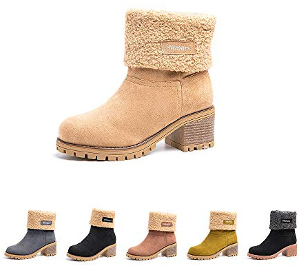 Hitmars Womens Winter Boots Ladies Fur Lined Mid Calf Boots Flat Slip On Suede Leather Warm Snow Boots Comfort Khaki Size 6 UK