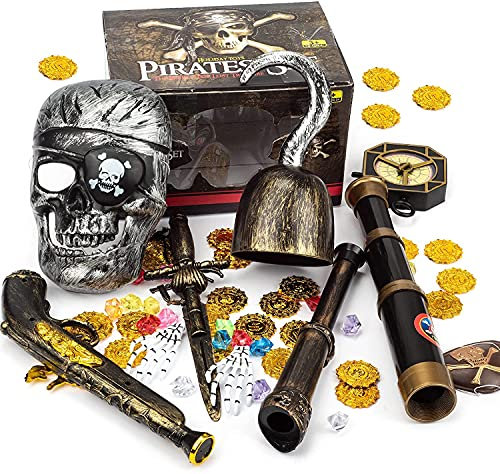 Pirate Treasure Play Set for Kids,Pirate Role-Play Toys ,Pirate Costume kids Accessories with Pirate Mask,Gold Coins,Pirate Hook,Compass,Telescope,Plastic Sword,Eye Patch,Badge for Party Decor.