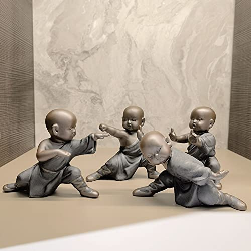 Pevfeciy Buddha Figur 4er Set,Buddha Skulpture Kleine aus Keramik,Kung Fu Mönch Dekoration,Deko Wohnzimmer Modern Desktop Ornamente Zen Tee Tray Haustier Statuen Crafts Geschenk