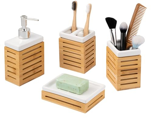 bremermann Badezimmer-Set 4-TLG, Bambus, Keramik, Badezimmer-Zubehör-Set (Keramik-Weiß)