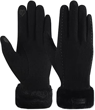 ZASFOU Gants d'hiver en laine pour femme avec doublure en polaire thermique, épais et chaud,Noir,M