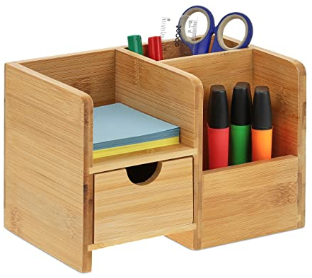 Relaxdays Schreibtisch Organizer, Schublade & Ablage, 2 Fächer, Bambus, Büro, Stiftehalter, HBT 14 x 20,5 x 13 cm, natur