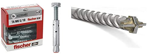 Fischer Tasselli acciaio TA M 6 S/10 Y con vite testa esagonale, 71252 & D-SDX Punta trapano 10 mm Cilindrica a Quattro Taglienti, per Muro Calcestruzzo e Pietra, Placca al carburo di tungsteno