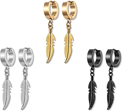 Titan Edelstahl Creolen Ohrringe Set für Herren Damen - 3 Paare Hängende Creolen mit Anhänger (Schwarz, Gold, Silber)