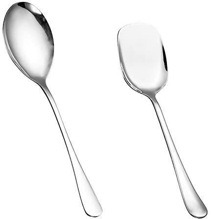 2 Pcs Serving Spoons Dining Spoons Stainless Steel Salad Serving Spoons Table Spoons Suitable for Kitchen Restaurant Buffet Banquet (1-Round,1-Square)