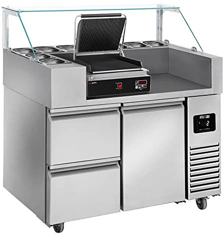 GGM Gastro | ZBF127DN#DKGJ322#SBF | Table de préparation réfrigérée/saladette - 1,21 x 0,7 m - avec 1 porte et 2 tiroirs 1/2 - avec grille de contact numérique incluse