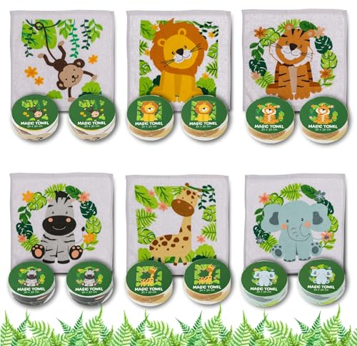 Bada Bing Set di 12 asciugamani magici safari animali zoo in cotone con gancio – asciugamano magico per bambini circa 30 x 30 cm bomboniera compleanno bambini