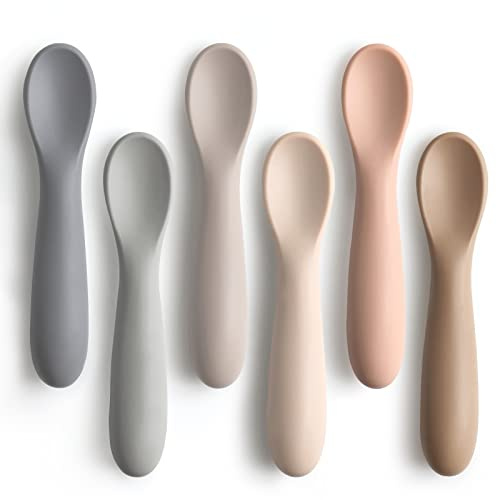6 Pack Baby Spoons, Shorter Length for Self Feeding, First Stage Spoons, Food Grade Silicone, 6+ Months, Baby Training Spoons, Dishwasher Safe & Boil-proof