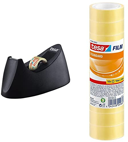tesa Easy Cut Tischabroller CURVE - rutschfest, einfache Handhabung, sauberer Schnitt & tesafilm standard - Transparentes Multifunktions-Klebeband - 10 m x 15 mm - 10er Pack