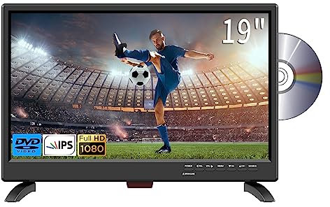 ZOSHING TV 19inch,TV with dvd player/T2 Freeview channels,Full HD IPS 1080P screen with HDMI and USB port,12v car cable/AC powered for RV,Bedroom,Campervan(UK-2023)