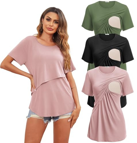 Ekouaer 3 Pack Women Breastfeeding Shirts Solid Crew Neck Tees Basic Nursing Tops Short Sleeves Blouse for Pregnancy Black+Army Green+Dirty Pink L