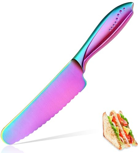 WELLSTAR Sandwich Knife, 6 inch Serrated Utility Knife High Carbon Stainless Steel Blade for Bread Vegetable Meat Cutting, Butter Spreader Knife - Rainbow