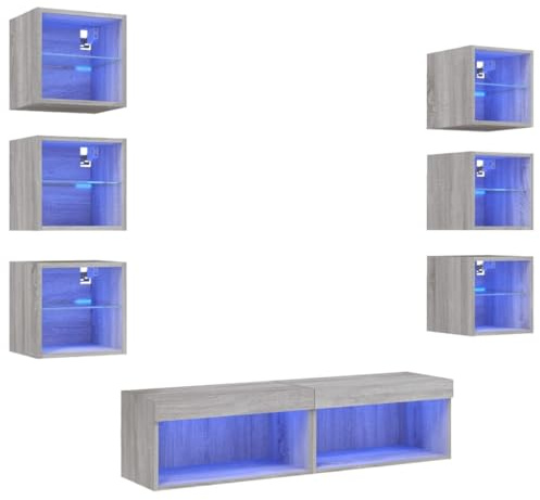 vidaXL Unités Murales TV avec LED 8 pcs, Armoires de Télévision Suspendues, Meubles Télé de Salon, Moderne, Gris Sonoma Bois d'Ingénierie