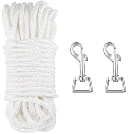 QUARKZMAN 60ft Fahnenmastseil-Set, Fahnenmast-Halyard-Seil 5/16 dick mit 2 Stück Zinklegierung Schwenk-Flaggenmast-Clips Haken (Silber), Nylon-Fahnenmastseil Weiß