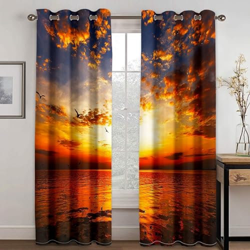 MTBDDyyds Vorhänge Für Kinderzimmer Jungen - 3D Sonnenuntergang Himmel Meer 160X132Cm - Kinderzimmervorhänge Mit Ösen, Verdunkelungsvorhang Gardinen Schals Vorhang Blickdicht