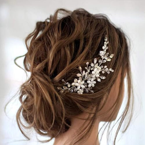 Resweky Bride Wedding Flower Hair Kamm Silber Strass Bridal Hair Pieces Perlen Haar Seite Kamm Bride Haarschmuck für Frauen und Mädchen