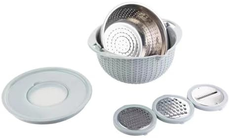 BURLOE 4-1 Colander Mit Mischschüssel Set, Edelstahl Und Colanders Multifunktion Einsätzen Salatschleuder Nudelsieb Küchenhobel Hobel Gemüseschneider,Blau