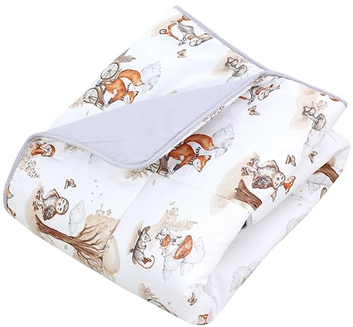 TupTam Baby Krabbeldecke 120x120 cm – Gepolstert, weich, Baumwolle, Farbe: Füchse Fahrrad Eule Wald Beige
