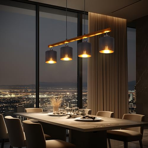 Litake Pendelleuchte Schwarz 4-Flammig Hängelampe Esstisch, Hängeleuchte Pendellampe Esstischlampe Modern m. Holzoptik Balken& Stoffschirm, Metall Schwarz Matt,Max.60W 4 x E27(ohne Leuchtmittel)