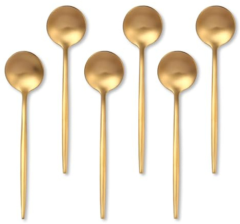 Lot de 6 cuillères à café dorées en acier inoxydable - Cuillères à café à expresso de 13 cm - Cuillère à dessert - Mini cuillère à thé pour mélanger - Finition mate - Passe au lave-vaisselle