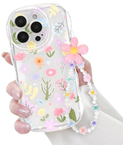 Newseego für iPhone 16 Pro Hülle, Süßes Blumenmuster Welle Transparent Handyhülle mit Blumen Handyanhänger TPU Stoßfest Fallschutz Anti-Kratz Ästhetisch Niedlich für iPhone 16 Pro 6,3 Zoll Schwarz