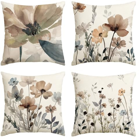 Artoid Mode Lot de 4 housses de coussin décoratives saisonnières pour canapé, salon, motif floral sauvage, feuilles, motif géométrique, printemps, 50 x 50 cm