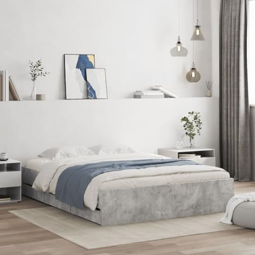OHOOWOO Bettgestell mit Schubladen Betongrau 150x200 cm Holzwerkstoff,Modernes Schubladenbett in Betonoptik für EIN aufgeräumtes Schlafzimmer