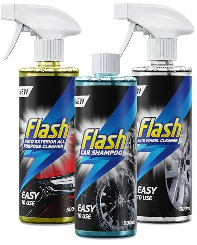 FLASH Car Care Automotive Essentials Bundle 3x500ml Powerful Exterior Cleaning Products, Includes Car Shampoo, All-Puprose Cleaner And Wheel Cleaner, Essential Car Cleaning Kit