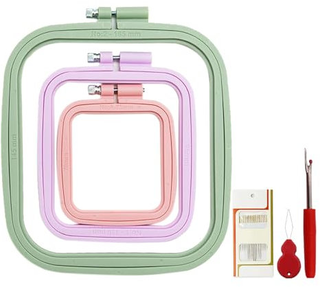 AMANDELIZABE 3 Größen, rechteckige Stickrahmen, bunter Stickrahmen mit 1 kürbisförmiger Nadeleinfädler, 1 Kreuzstichentferner, stabiles Modell, Kunststoff, Multicolore