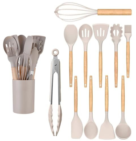 LiangYuanZen Pratico set di 12 utensili da cucina, in silicone e manici in legno, resistente al calore, antiaderente e facile da pulire, spatola in silicone, lavabile in lavastoviglie (cachi)
