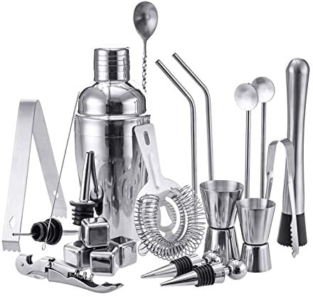 QTANZIQI Cocktail Shaker Cocktail Shaker Set 22Pcs Mojito Cocktail Bar Shaker Mixer Maker Muddler Barware Stainless Steel Bar Sets Bartender Tools with Whiskey Stones