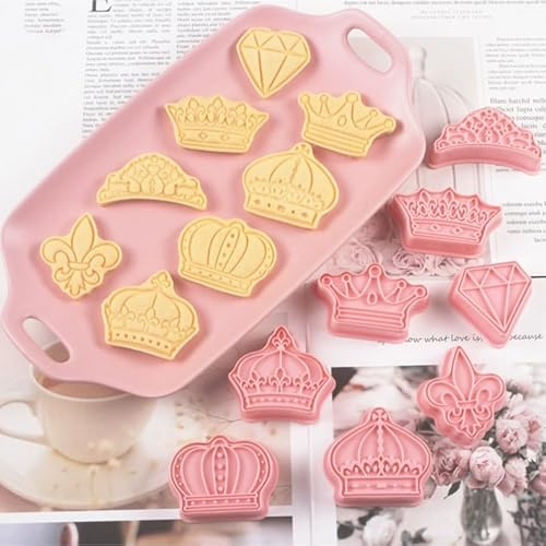 Cortadores de galletas de corona, 8 piezas de prensa de galletas de coronas de princesa, molde de galletas en forma de diamante, decoración de pasteles de galletas, juego de sellos de galletas