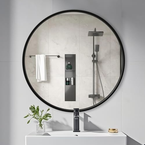 yuzeyurun Runder Wandspiegel 60 cm Schwarz – Badezimmerspiegel mit Alu-Rahmen – HD-Glas & Splitterschutz – Modernes Design für Bad, Wohnzimmer & Flur
